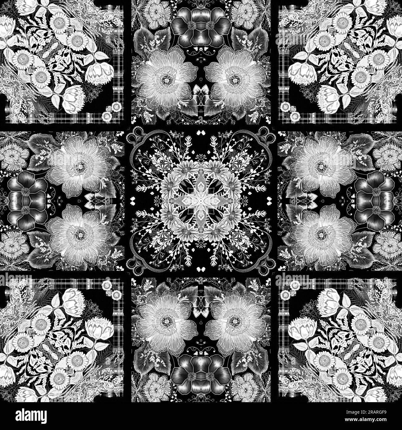 Intricate black and white lace folk flower pattern with an elegant ...