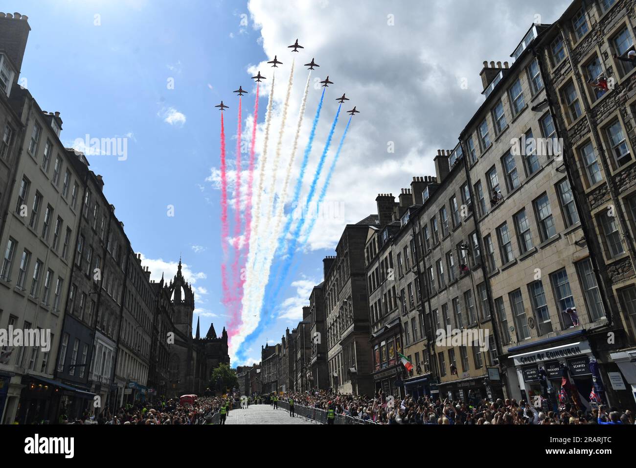 Red Arrows flypast after the National Service of Thanksgiving and Dedication for King Charles III and Queen Camilla, and the presentation of the Honours of Scotland, at St Giles' Cathedral, Edinburgh. Picture date: Wednesday July 5, 2023. Stock Photo