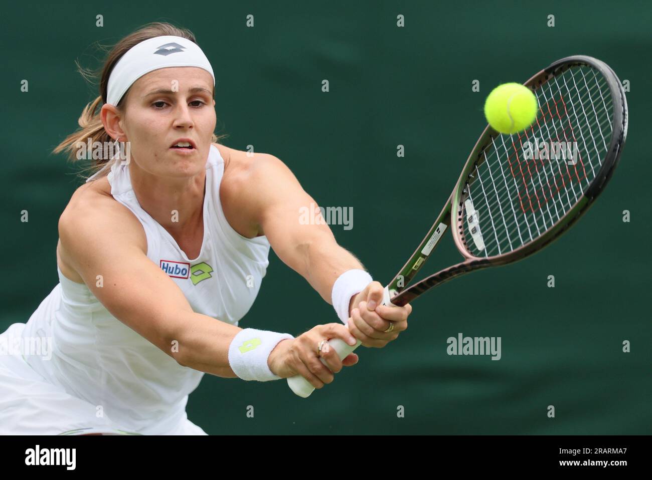 London, UK. 05th July, 2023. ac Belgian Greet Minnen pictured in action  during a tennis match against Latvian Ostapenko, in the first round of the  Women's Singles at the 2023 Wimbledon grand