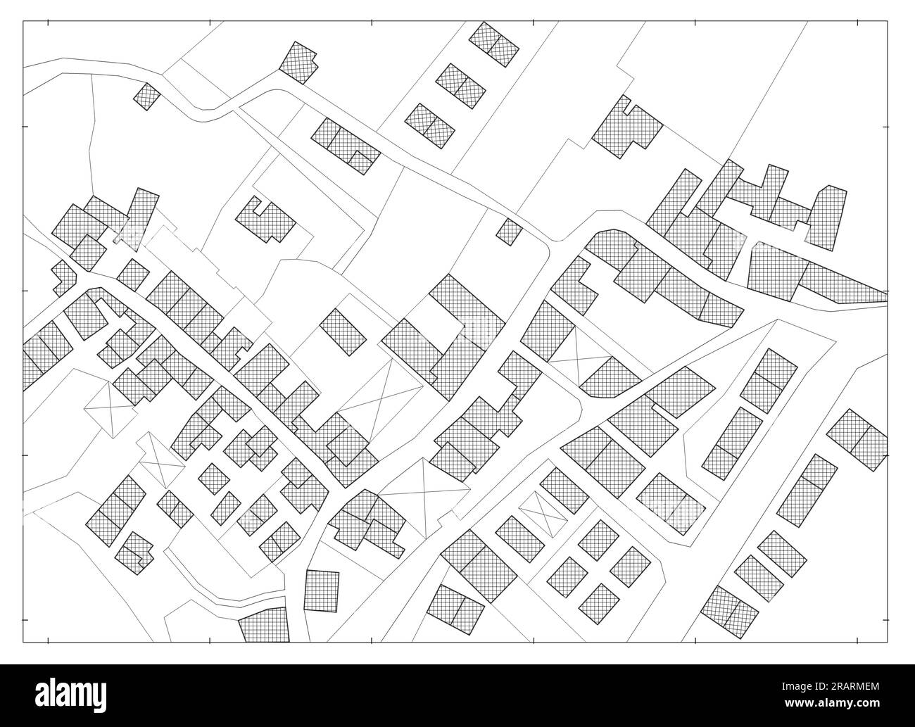 Imaginary cadastral map of territory with buildings and roads Stock
