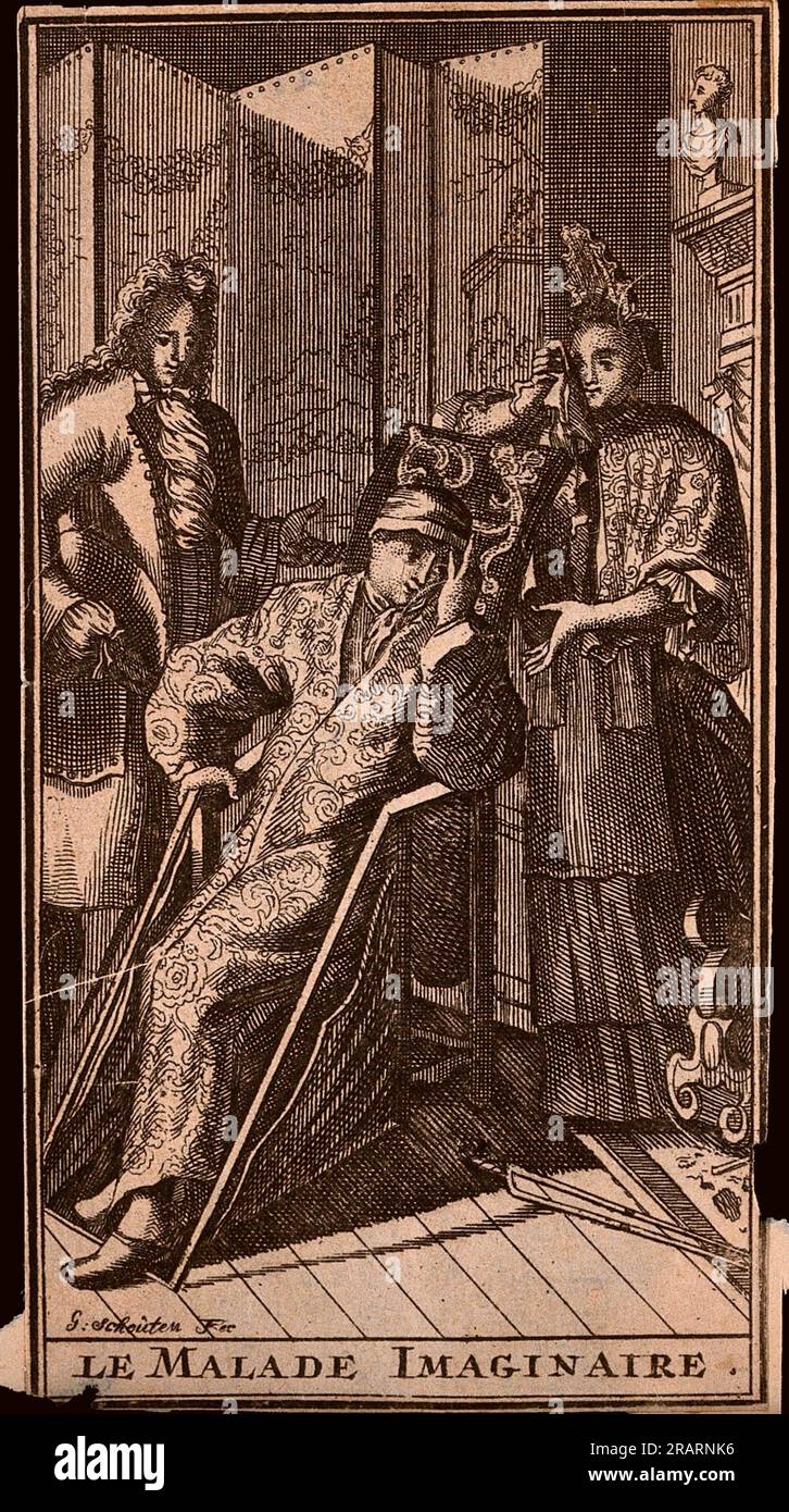 Le malade imaginaire: Argan, a hypochondriac feigning illness in front of Béline, his wife and Dr. Purgon, his physician, in a scene from Molière's Stock Photo