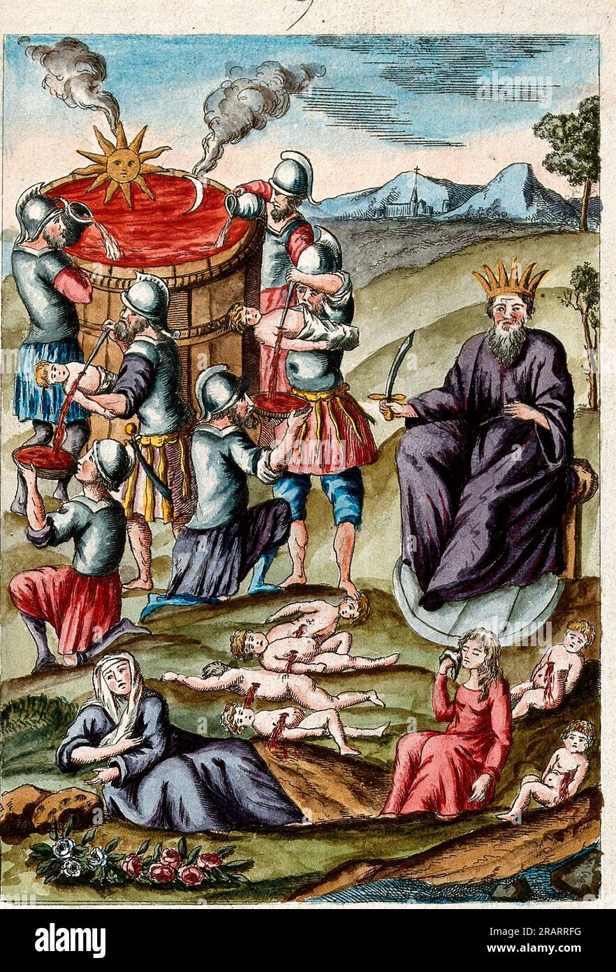 A king presiding over a massacre of infants; soldiers pour the blood of