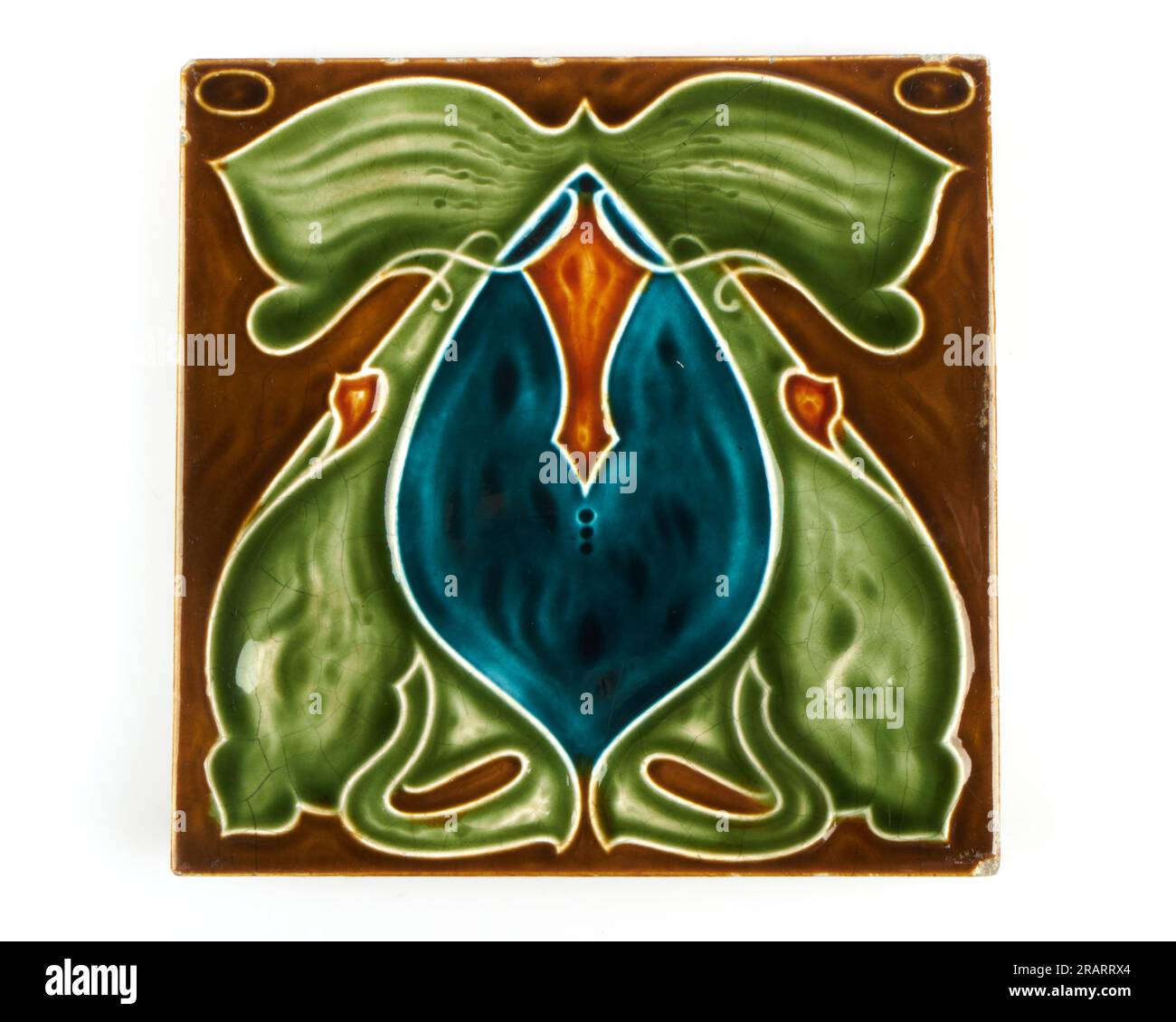 Antique 1900s Henry Richards Tile Co. Art Nouveau amber and blue exotic