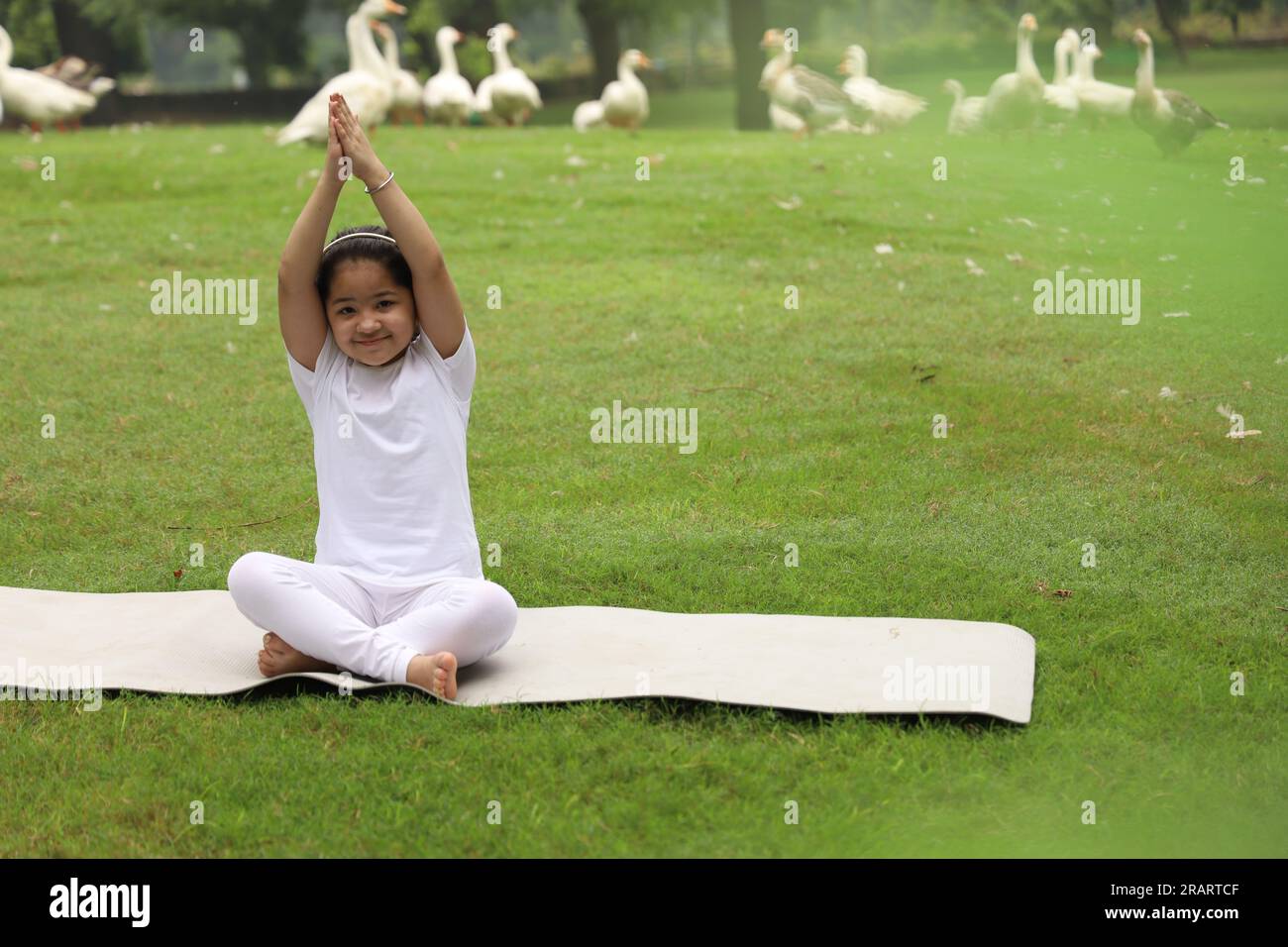 Young kid doing yoga exercises early morning in a green public park. We can see ducks around. The child is health conscious. Happy girl yoga. Stock Photo