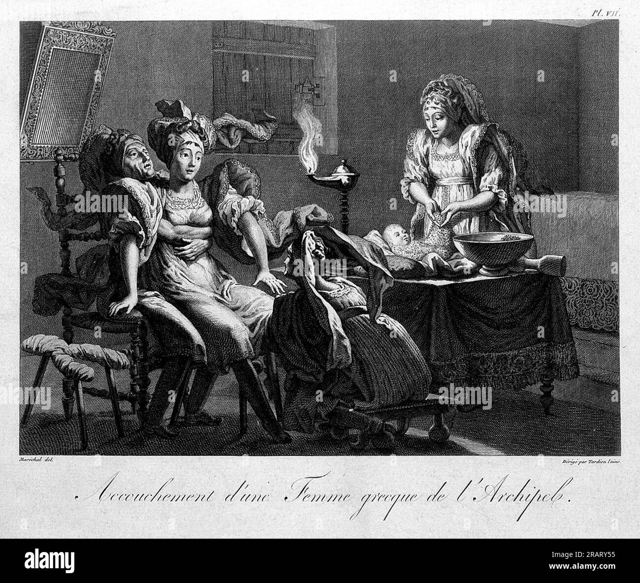 A seated Greek woman on an obstetrical stool being held in position by