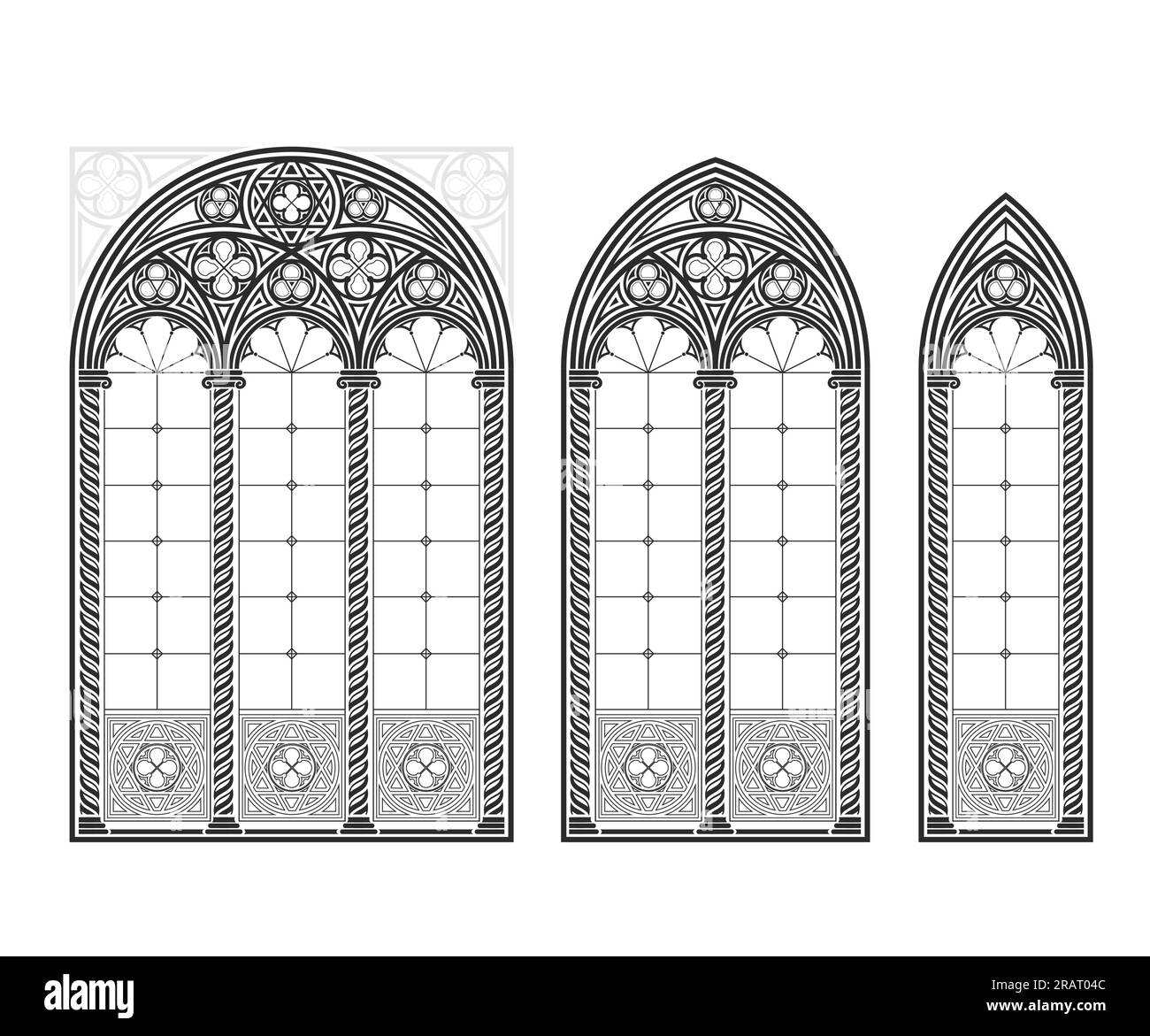 Realistic Gothic medieval stained glass window. Background or texture. Architectural element. Medieval Gothic stained glass cathedral window set Stock Vector
