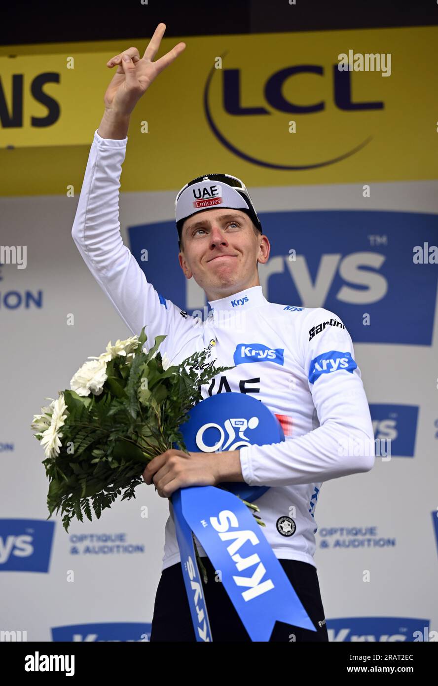 Laruns, France. 05th July, 2023. Slovenian Tadej Pogacar of UAE Team Emirates celebrates on the podium in the white jersey for best young rider after stage 5 of the Tour de France cycling race, a 162, 7 km race from Pau to Laruns, France, Wednesday 05 July 2023. This year's Tour de France takes place from 01 to 23 July 2023. BELGA PHOTO DIRK WAEM Credit: Belga News Agency/Alamy Live News Stock Photo