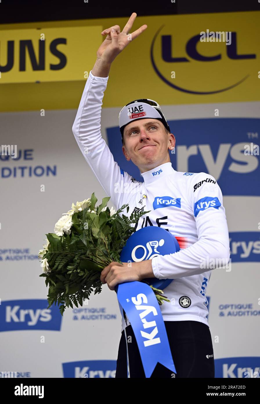 Laruns, France. 05th July, 2023. Slovenian Tadej Pogacar of UAE Team Emirates celebrates on the podium in the white jersey for best young rider after stage 5 of the Tour de France cycling race, a 162, 7 km race from Pau to Laruns, France, Wednesday 05 July 2023. This year's Tour de France takes place from 01 to 23 July 2023. BELGA PHOTO DIRK WAEM Credit: Belga News Agency/Alamy Live News Stock Photo