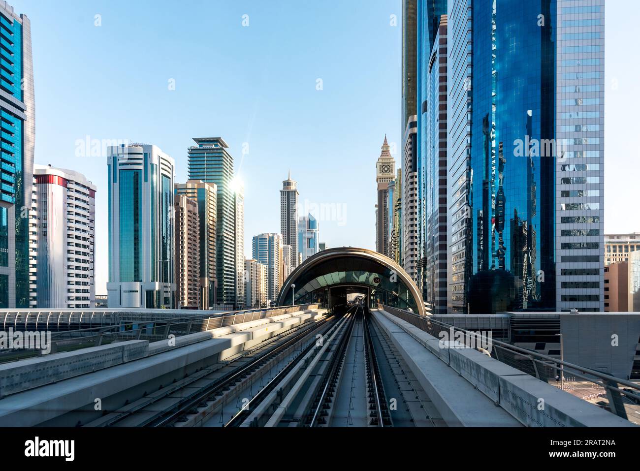 Dubai's downtown architecture with metro monorail train Stock Photo