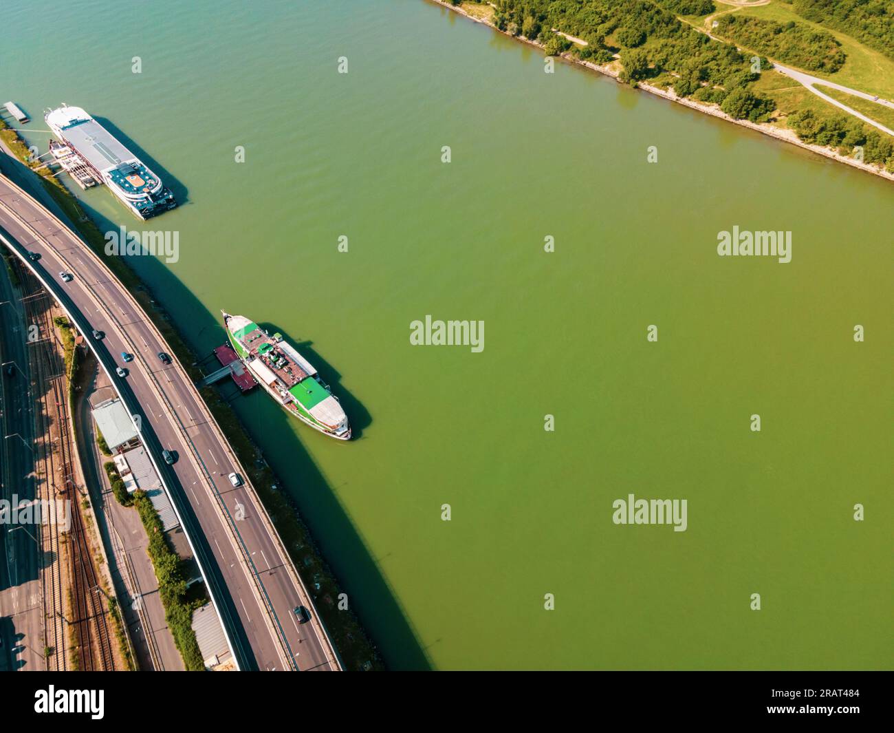 Aerial drone view of Danube river in Vienna Austria cityscape with danube island Stock Photo