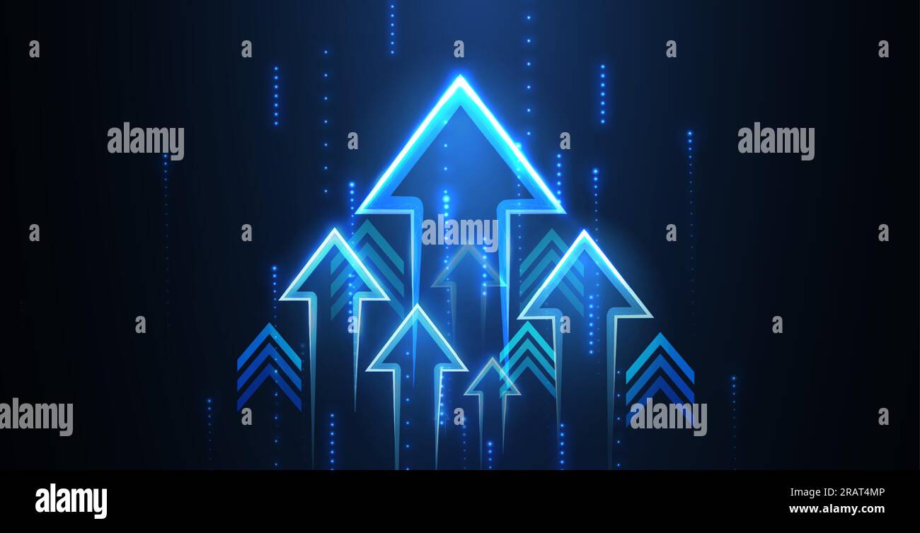 Up arrows on deep blue background space with one big arrow. Stock Vector
