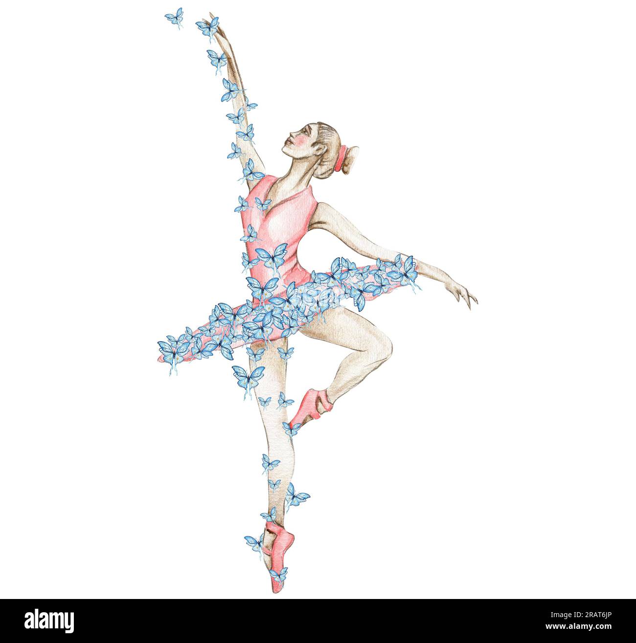 Watercolor dancing ballerina in red dress with butterflies. Hand drawn ...