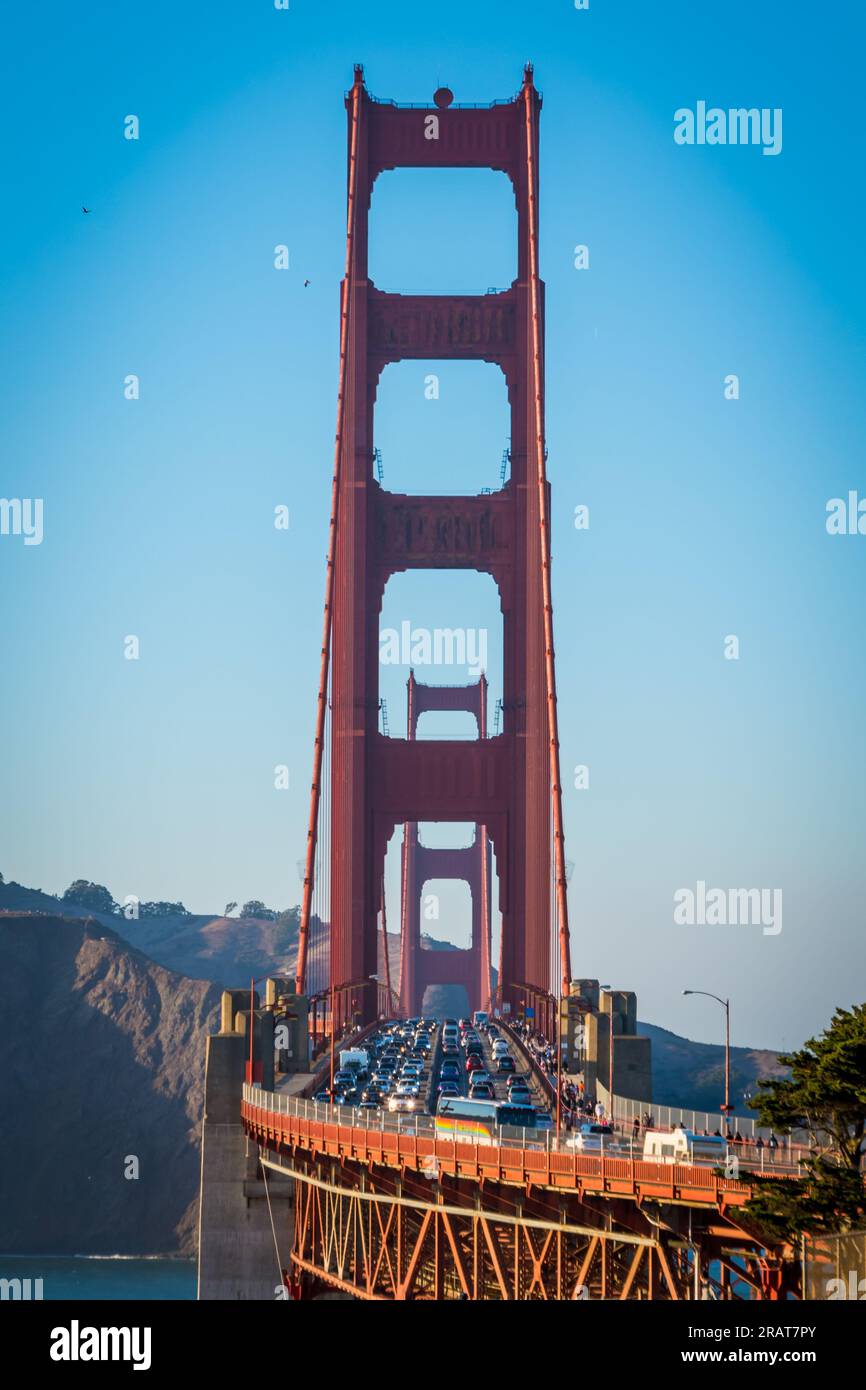 Vertical view through pillars of the Golden Gate Bridge in San ...