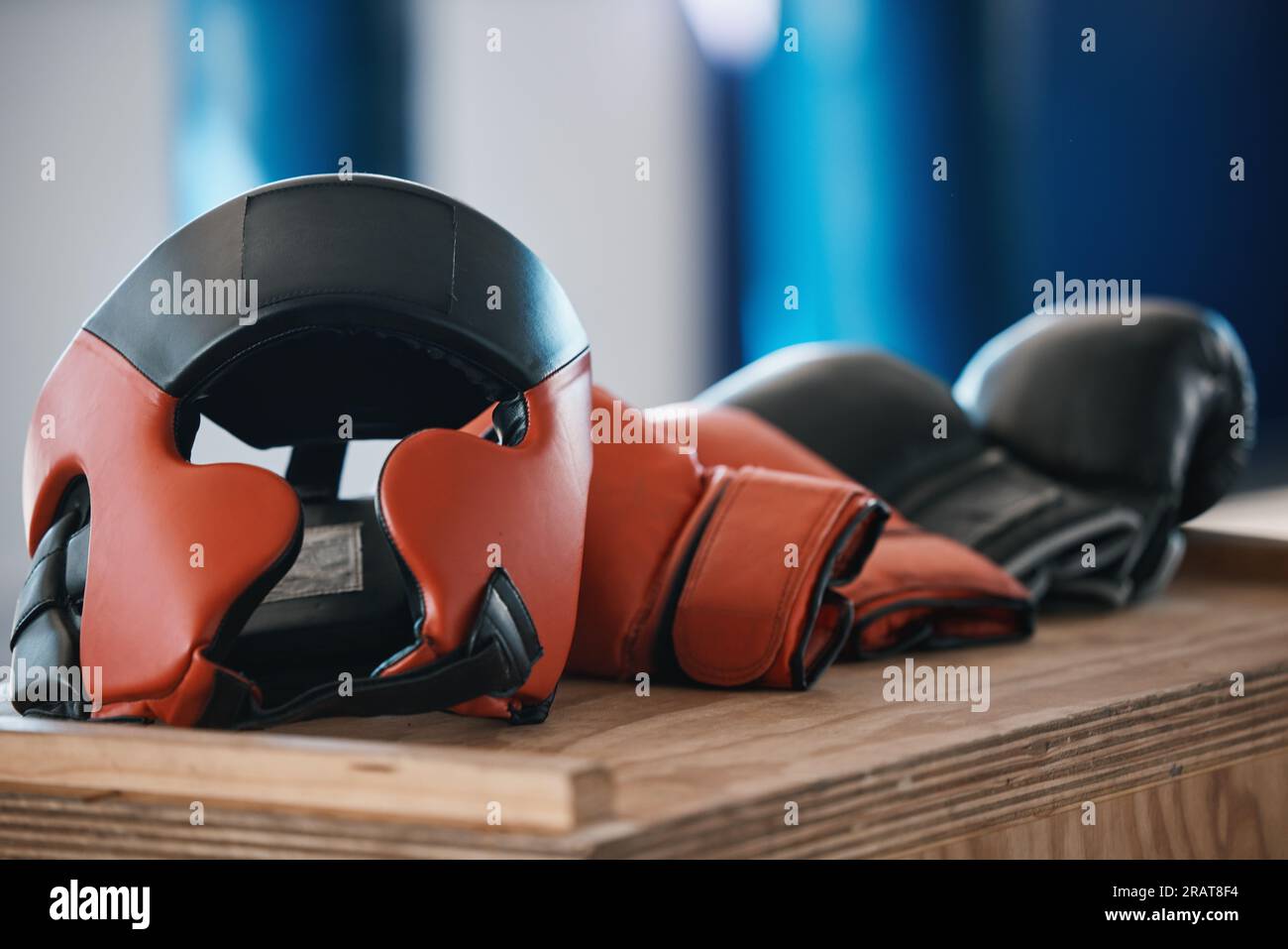 Fitness, boxing glove and workout for training in closeup in gym for mma competition for punch. Protection, exercise and fighting sport equipment at Stock Photo