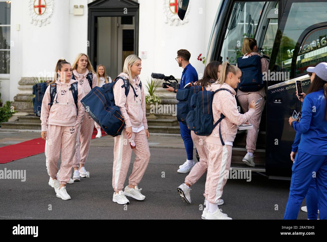Alessia Russo (centre), Ella Toone (left) and team-mates as the England team depart from the De Vere Beaumont Estate in Windsor to head to the 2023 FIFA Women's World Cup in Australia and New Zealand. Picture date: Wednesday July 5, 2022. Stock Photo