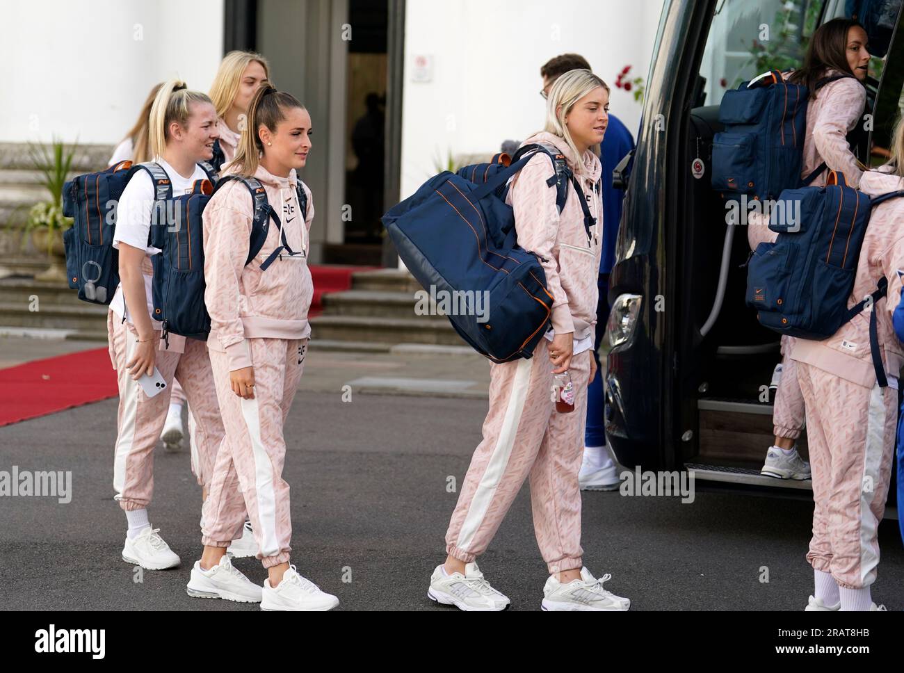 Alessia Russo (centre), Ella Toone (second left) and team-mates as the England team depart from the De Vere Beaumont Estate in Windsor to head to the 2023 FIFA Women's World Cup in Australia and New Zealand. Picture date: Wednesday July 5, 2022. Stock Photo