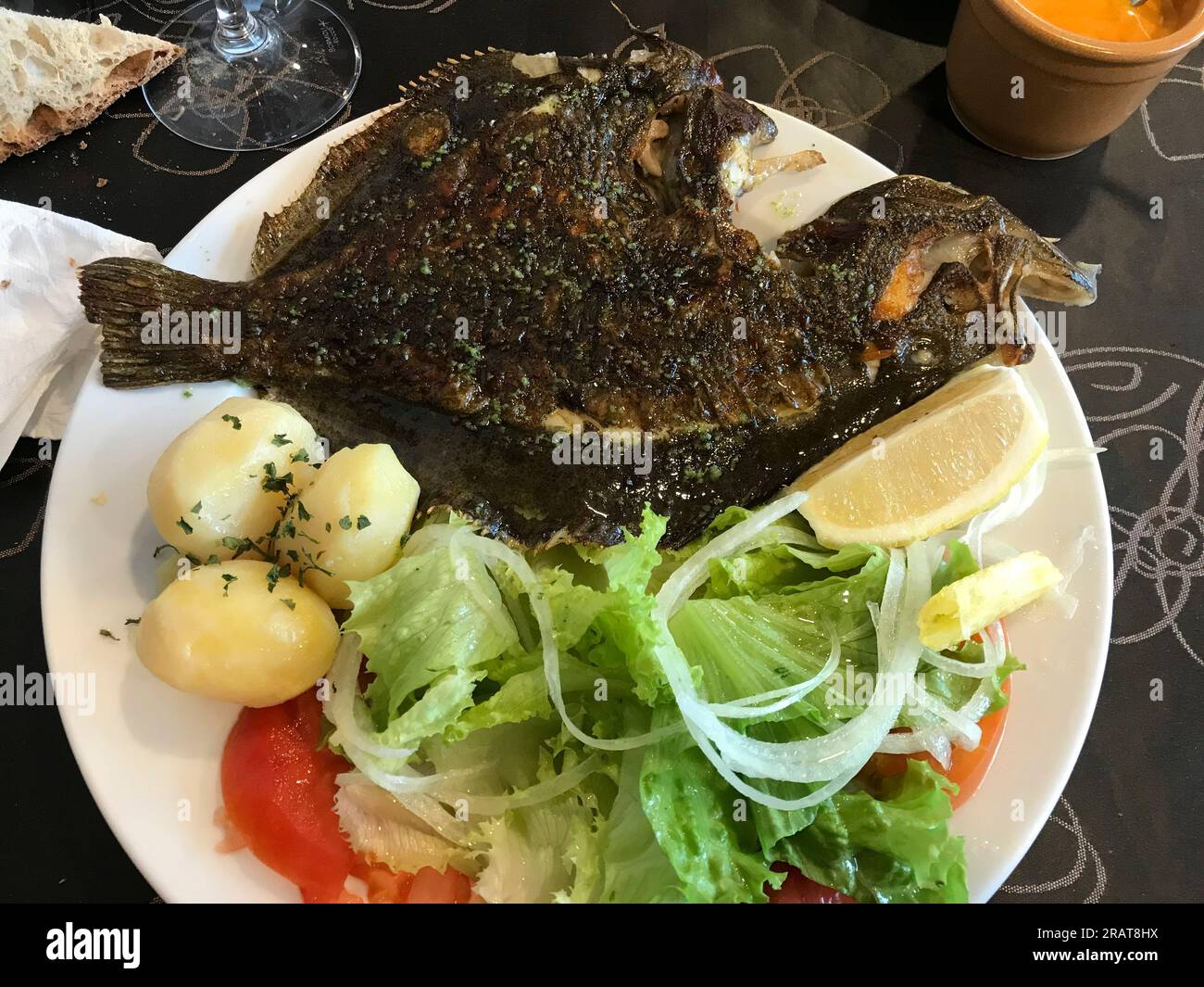 Dish of roosterfish served with potatoes, tomato, lettuce and onion salad and a slice of lemon. Stock Photo