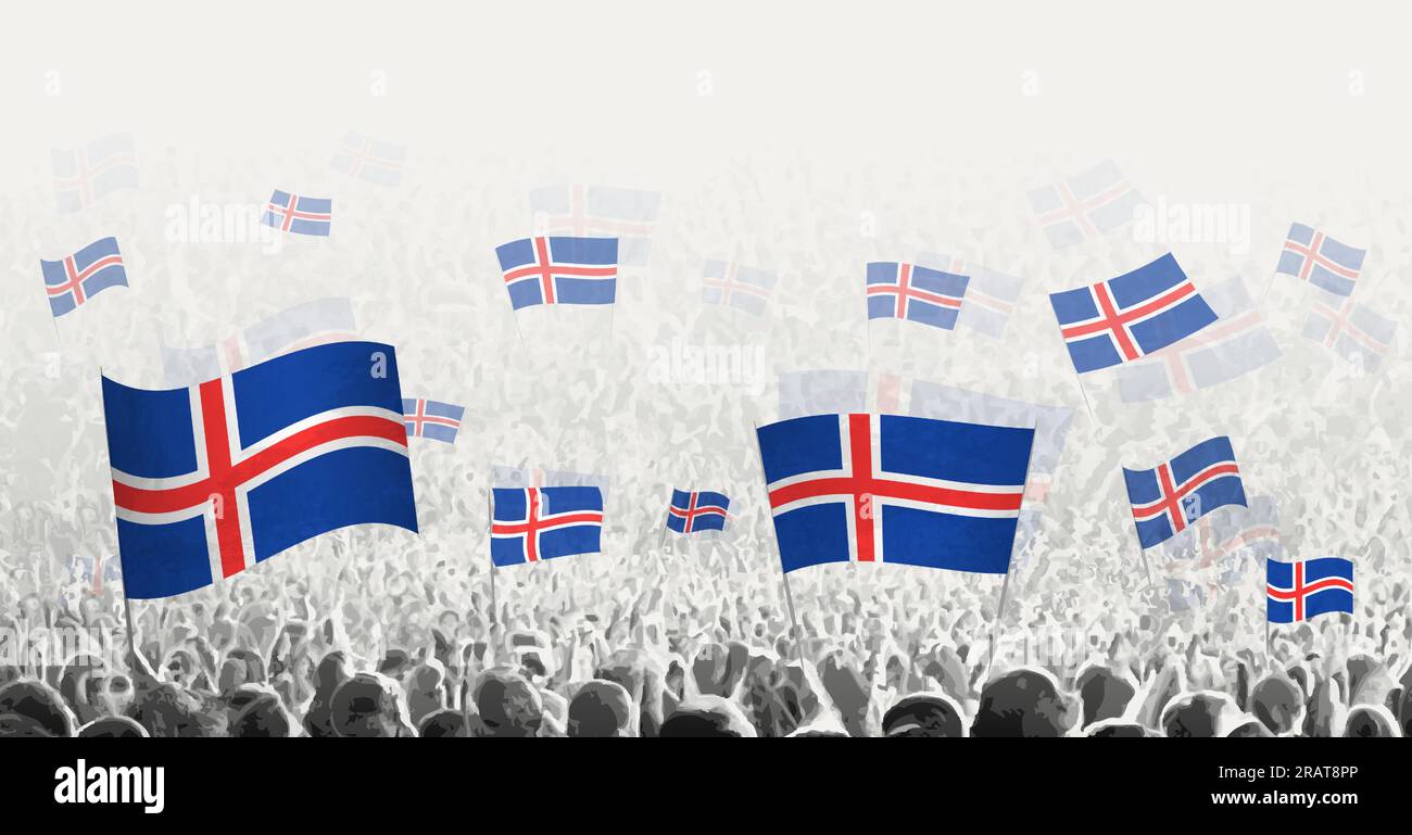 Abstract crowd with flag of Iceland. Peoples protest, revolution, strike and demonstration with flag of Iceland. Vector illustration. Stock Vector