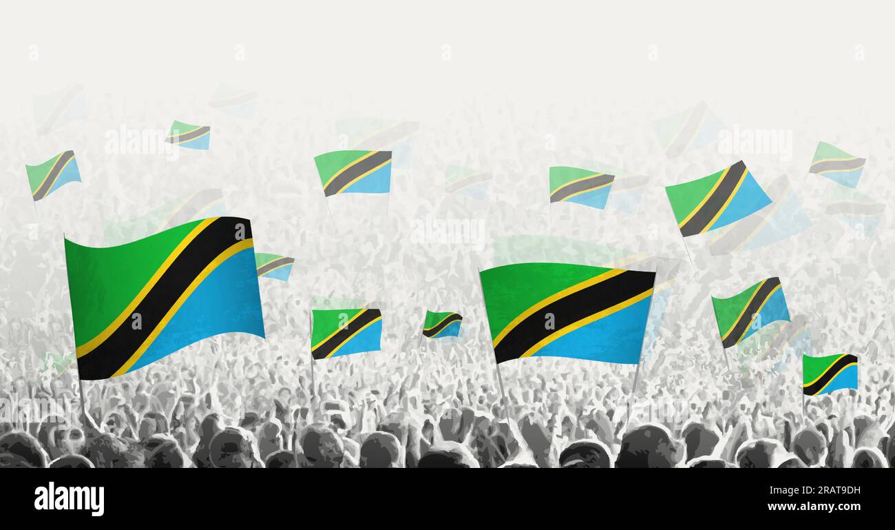Abstract crowd with flag of Tanzania. Peoples protest, revolution, strike and demonstration with flag of Tanzania. Vector illustration. Stock Vector