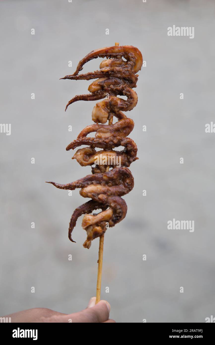 grilled spicy octopus on a skewer held by hand (red hot pepper) chinese