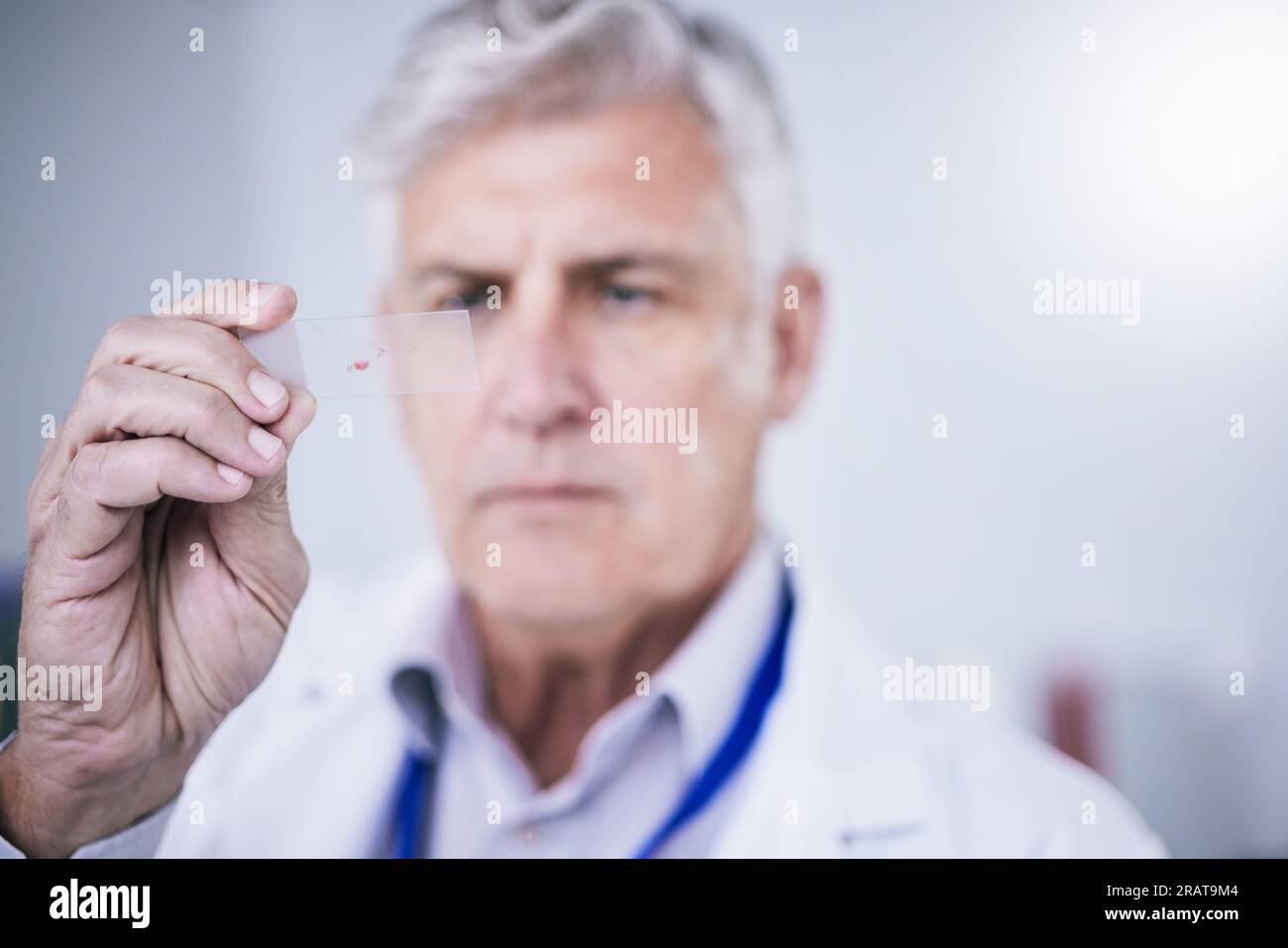 Test, microscope slide and man with research, medical and sample with