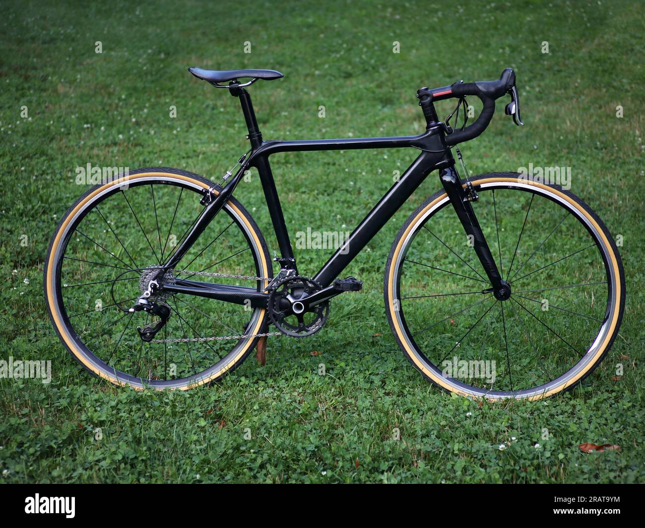 black carbon bicycle in field of grass (road bike with drop handlebars