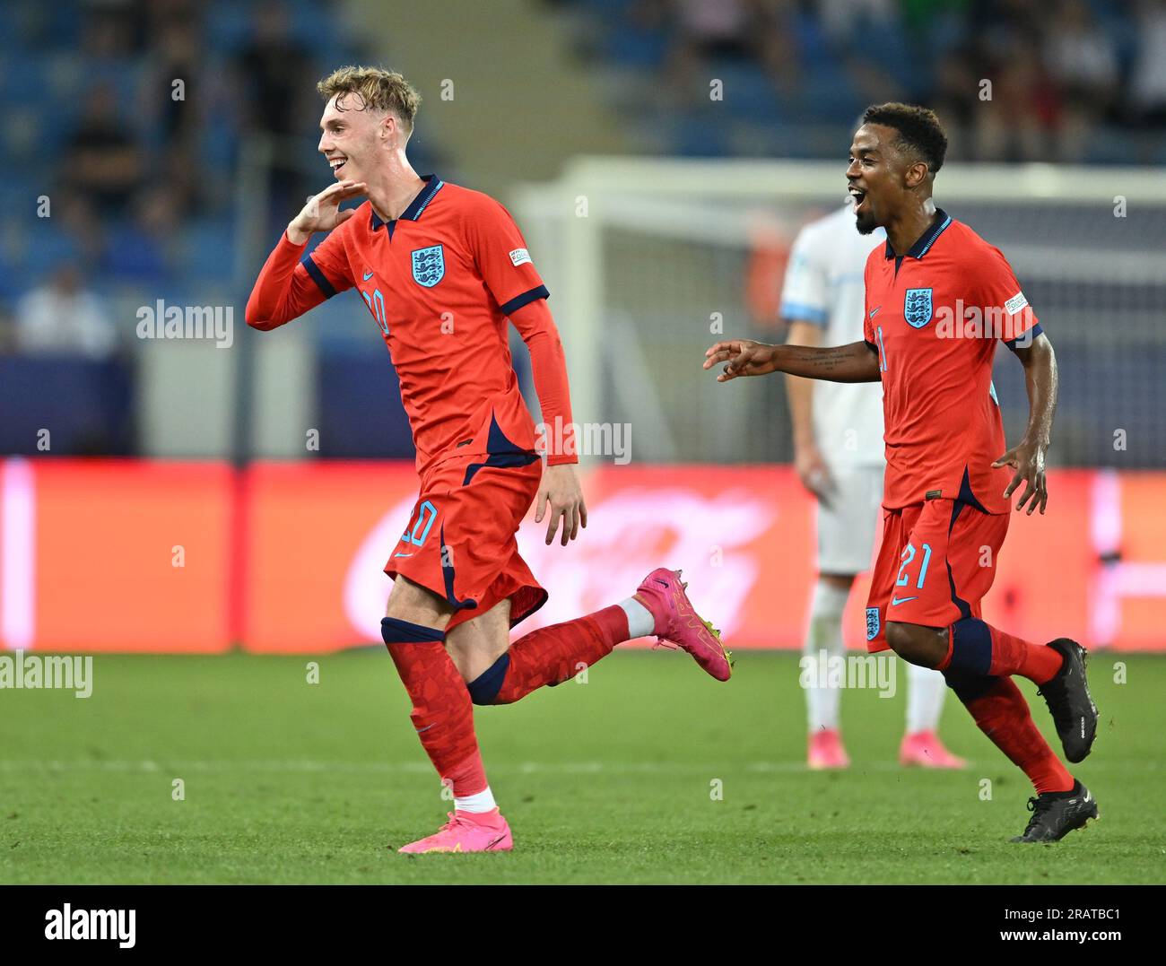 Cole Palmer of England celebrates with Angel Gomes after VAR awards his side's second goal during the Euro Under-21 Championship, semi-final, at the Adjarabet Arena in Batumi, Georgia. Picture date: Wednesday July 5, 2023. Stock Photo