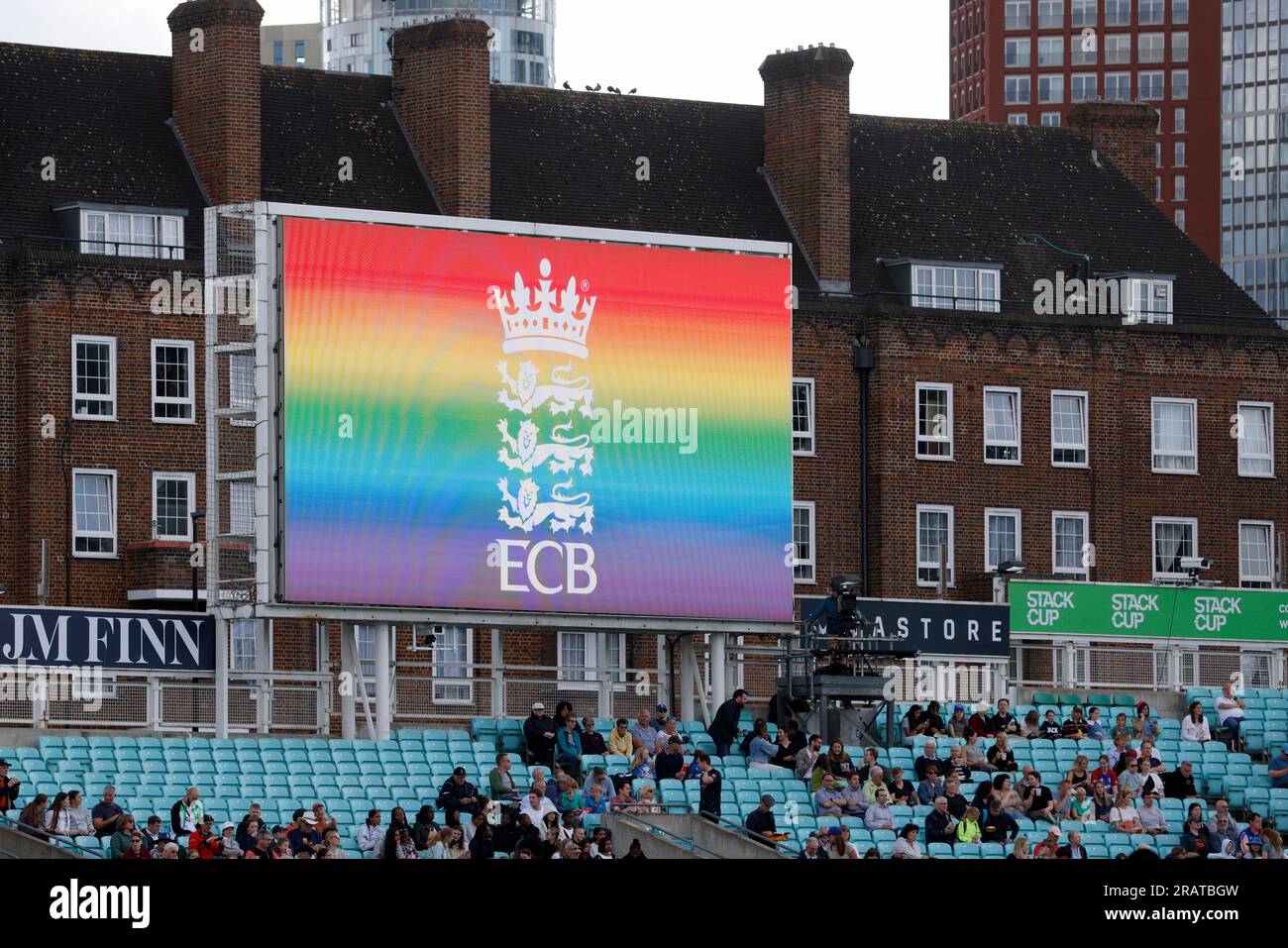 A general view as the ECB show solidarity with the LGBTQ+ community during the second Vitality IT20 match at The Kia Oval, London. Picture date: Wednesday July 7, 2023. Stock Photo