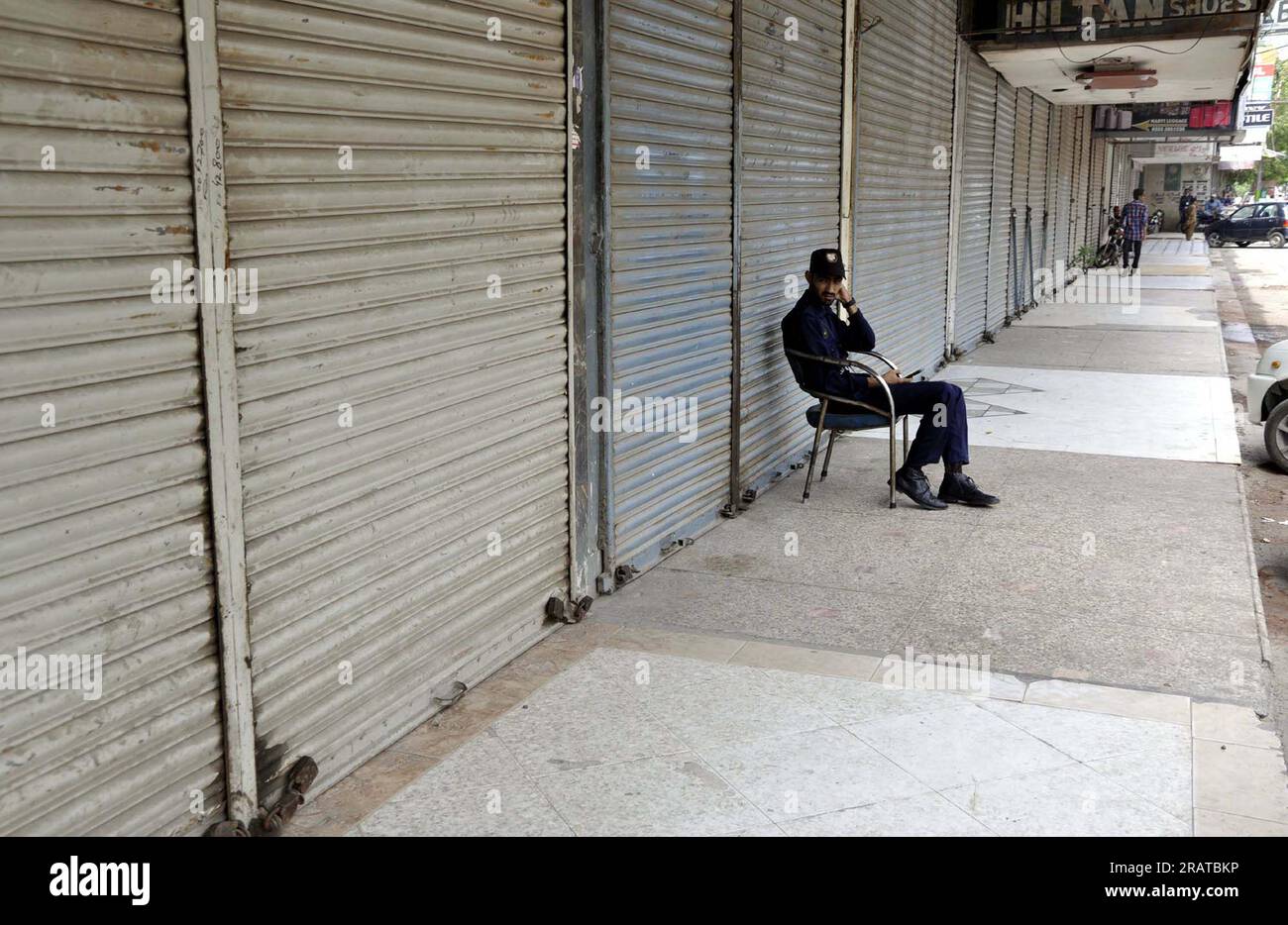 View of business activities seen shutdown due to strike called by Sunni Tehreek (PST) against desecration of Holy Quran in Sweden, at Gul Centre in Hyderabad on Wednesday, July 5, 2023. Stock Photo