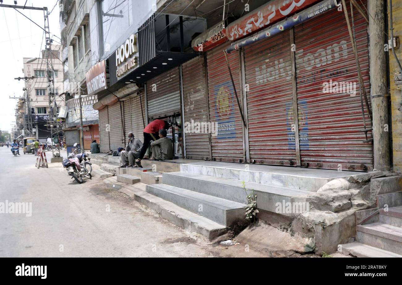 View of business activities seen shutdown due to strike called by Sunni Tehreek (PST) against desecration of Holy Quran in Sweden, at Gul Centre in Hyderabad on Wednesday, July 5, 2023. Stock Photo