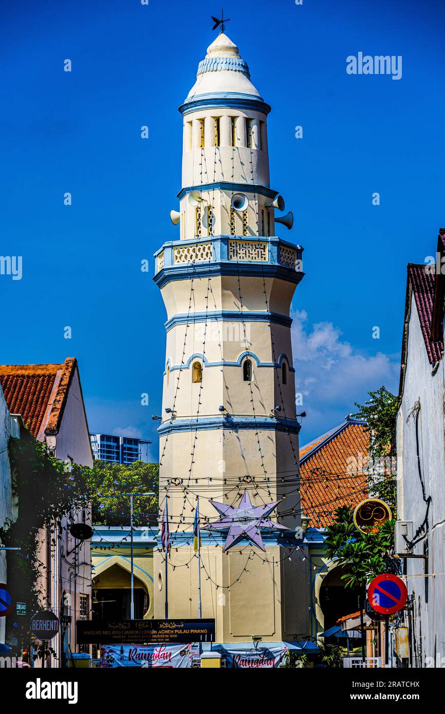 Georgetown, Penang, Malaysia--April 1, 2023. A vertical format shot of the famous Lebuh Aceh Mosque in Georgetown, Penang, Malaysia. Stock Photo