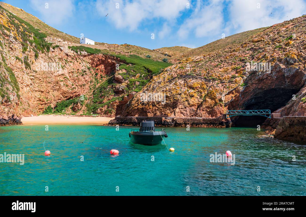 Boat anchored next to the beach of Berlenga Grande or Carreiro do ...