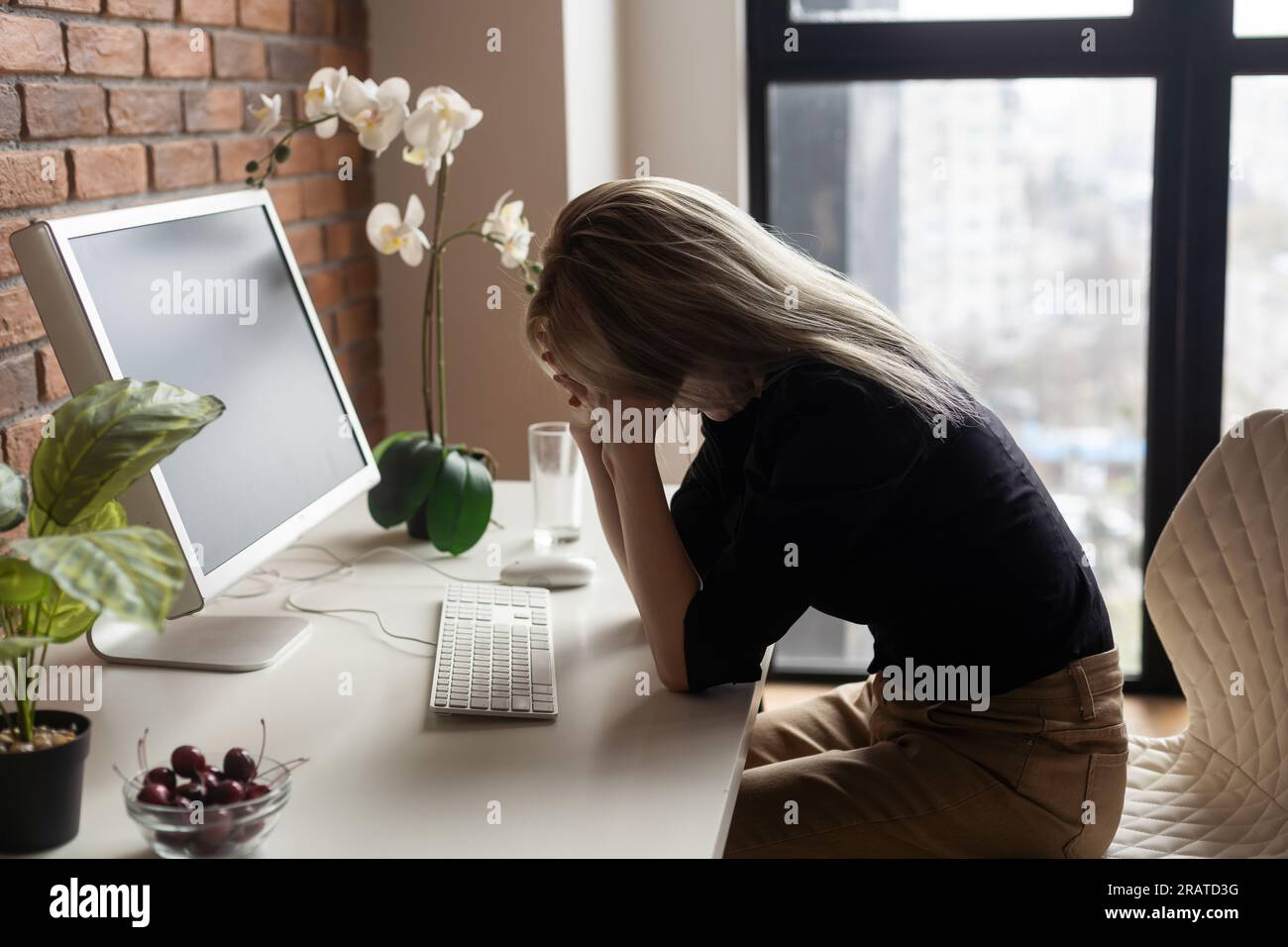 Searching for new solution. a woman with a computer Stock Photo - Alamy