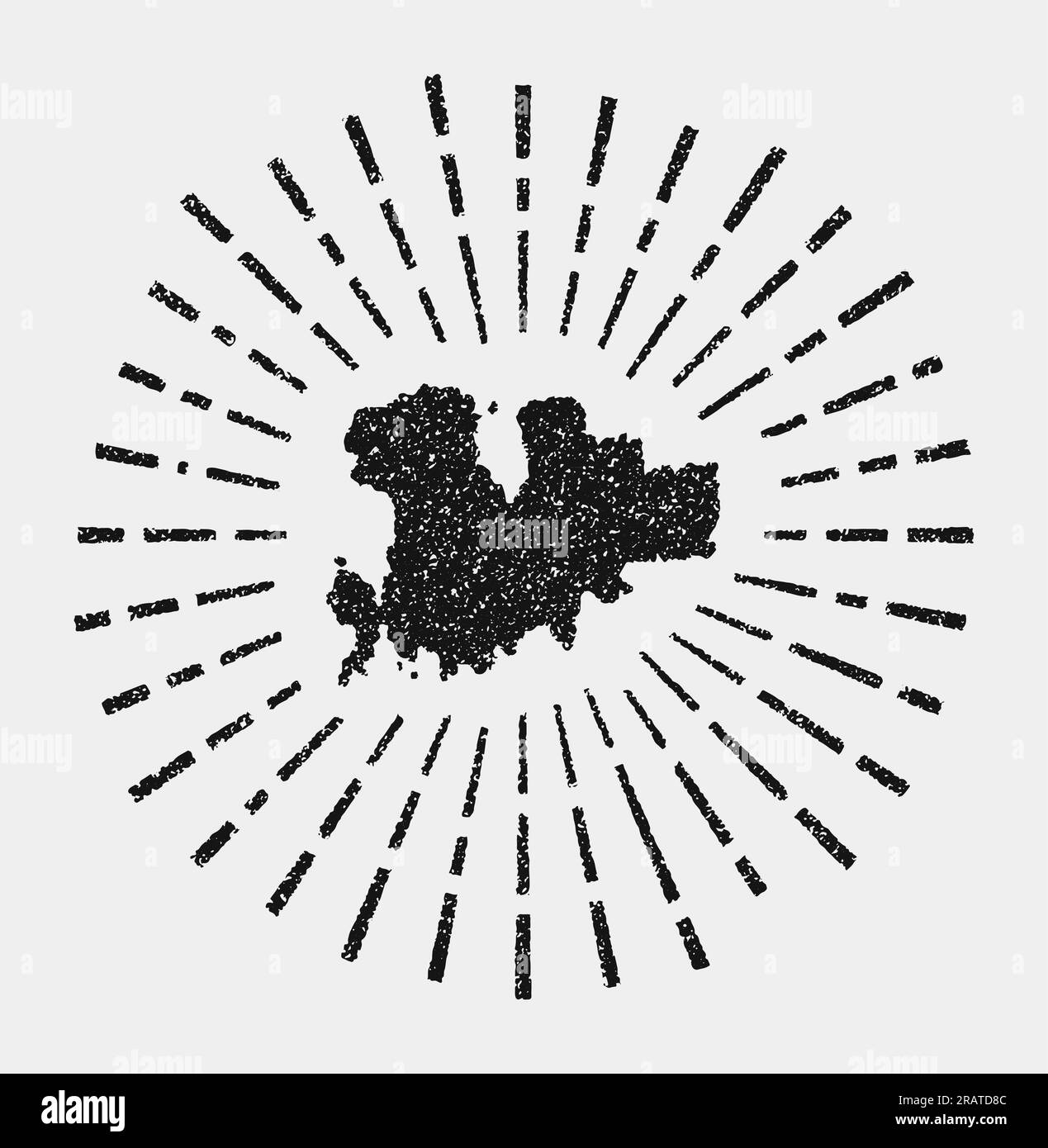 Vintage map of Mykonos. Grunge sunburst around the island. Black