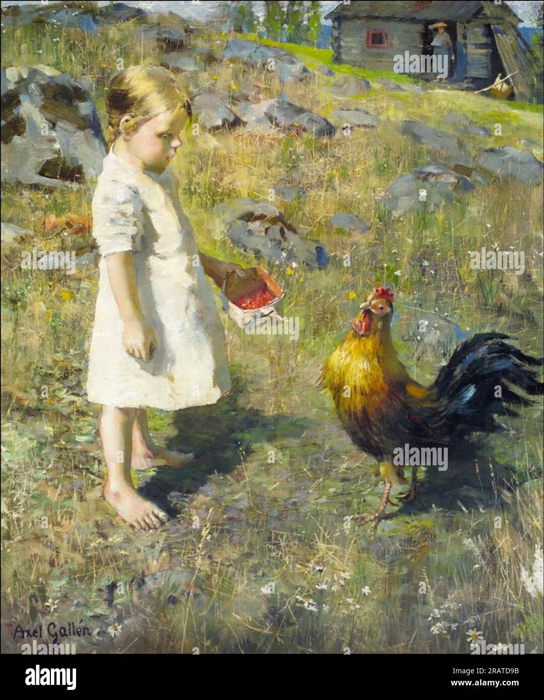 The girl and the rooster 1886 by Akseli Gallen-Kallela Stock Photo