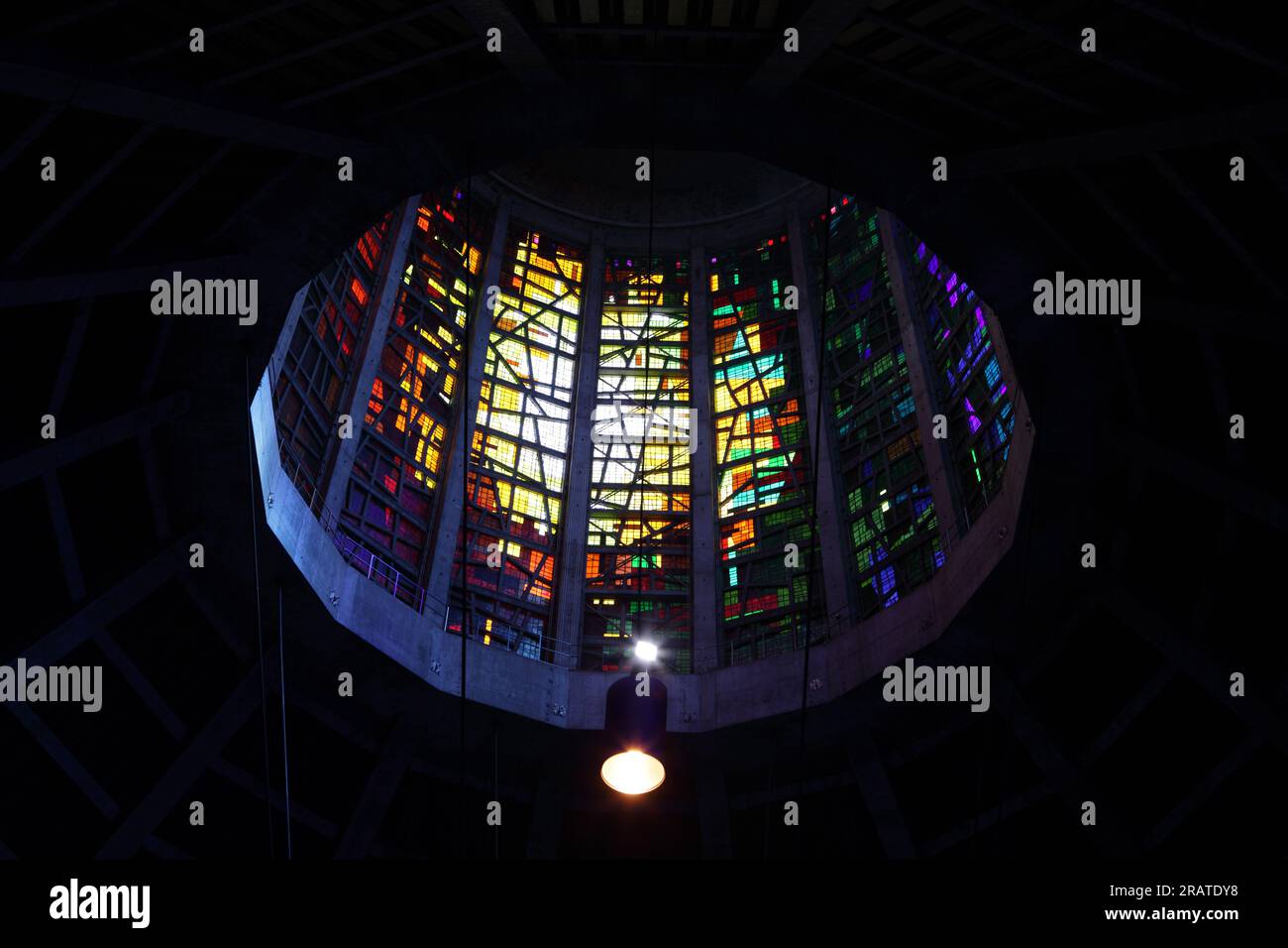 Liverpool Metropolitan Cathedral's interior, stained glass and circular nave. Stock Photo