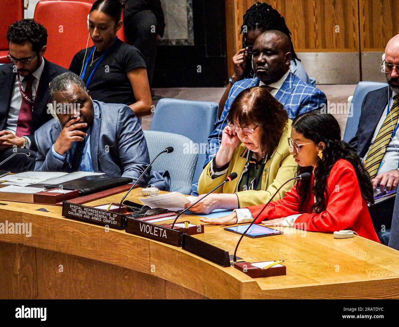 New York, New York, USA. 5th July, 2023. VIOLETA RAMIREZ-GUARIN, a Columbian social psychologist speaks to the Security Council in the UN with VIRGINIA GAMBA, Special Representative of the Secretary-General for Children and Armed Conflict sitting next to her. The meeting took place to express 2022 Annual Report of the Secretary-General on Children and Armed Conflict which is a compiled version of grave violations enforced on children in conflict zones. Within the report is an estimated 27,180 grave violations to children occurred in 2022 within in specifically conflict and war zone a Stock Photo