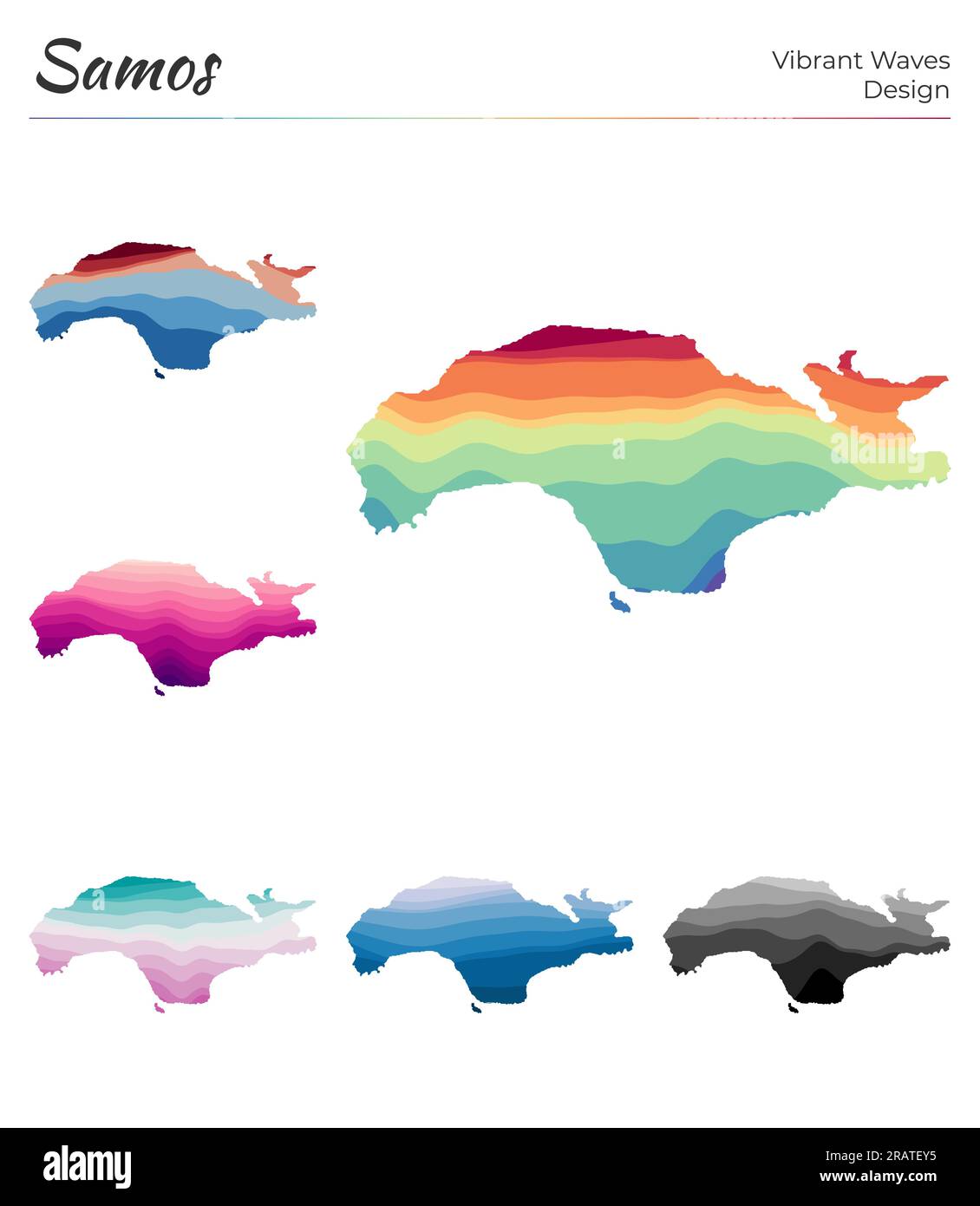 Set of vector maps of Samos. Vibrant waves design. Bright map of island ...
