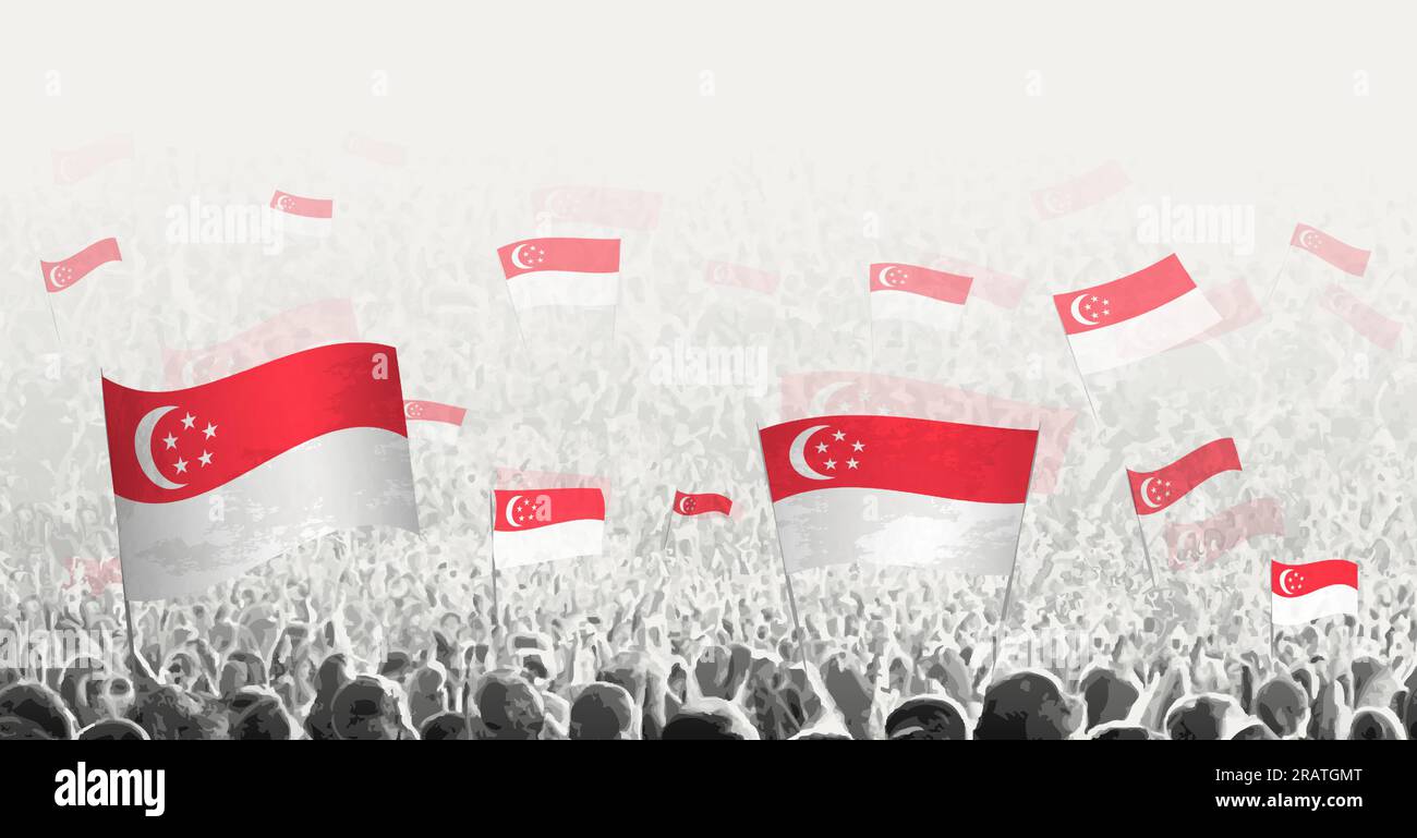 Abstract crowd with flag of Singapore. Peoples protest, revolution, strike and demonstration with flag of Singapore. Vector illustration. Stock Vector