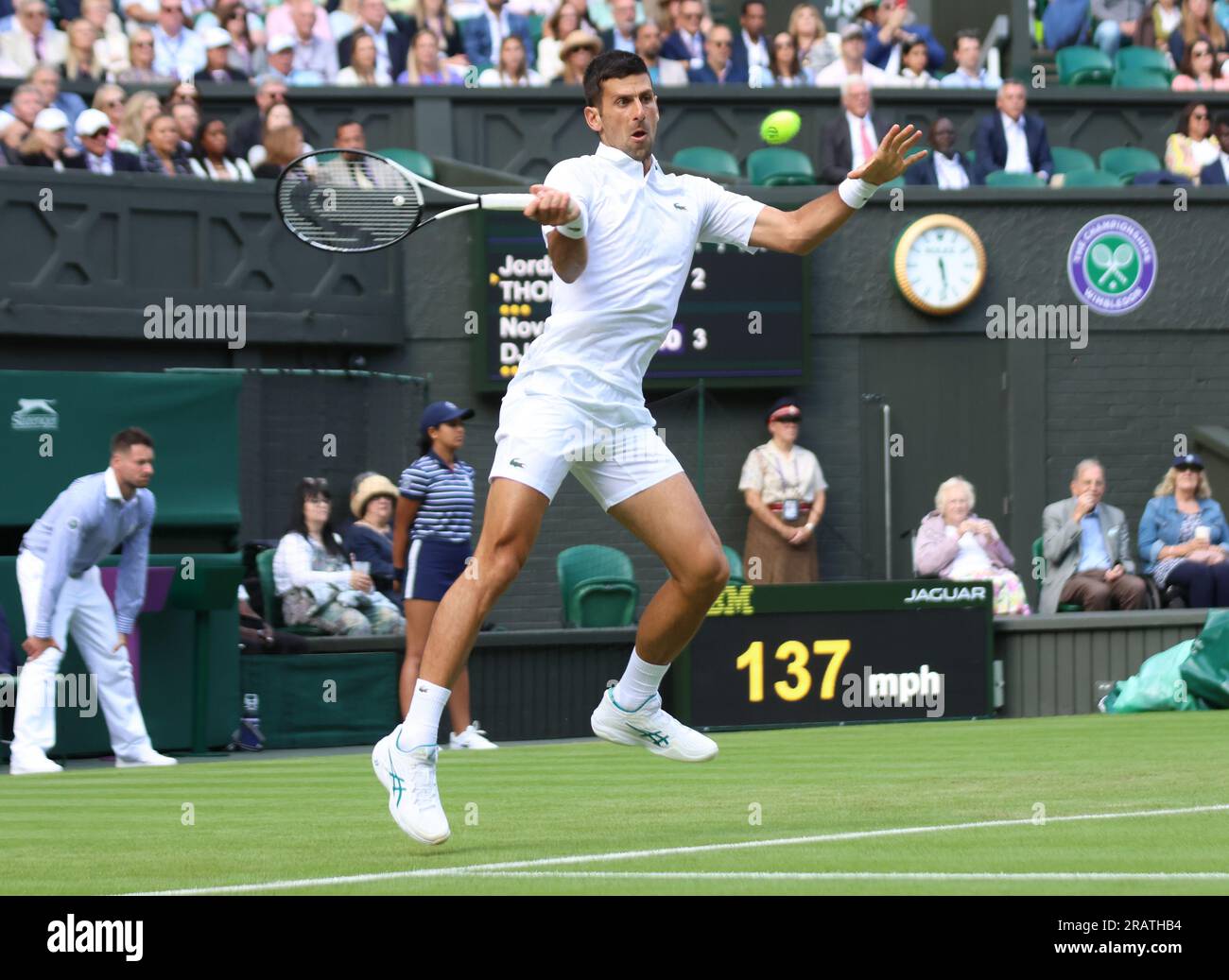 London, UK. 05th July, 2023. Serbian Novak Djokovic plays a forehand in his first round match against Australian Jordan Thompson on day three of the 2023 Wimbledon championships in London on Wednesday, July 05, 2023. Photo by Hugo Philpott/UPI Credit: UPI/Alamy Live News Stock Photo