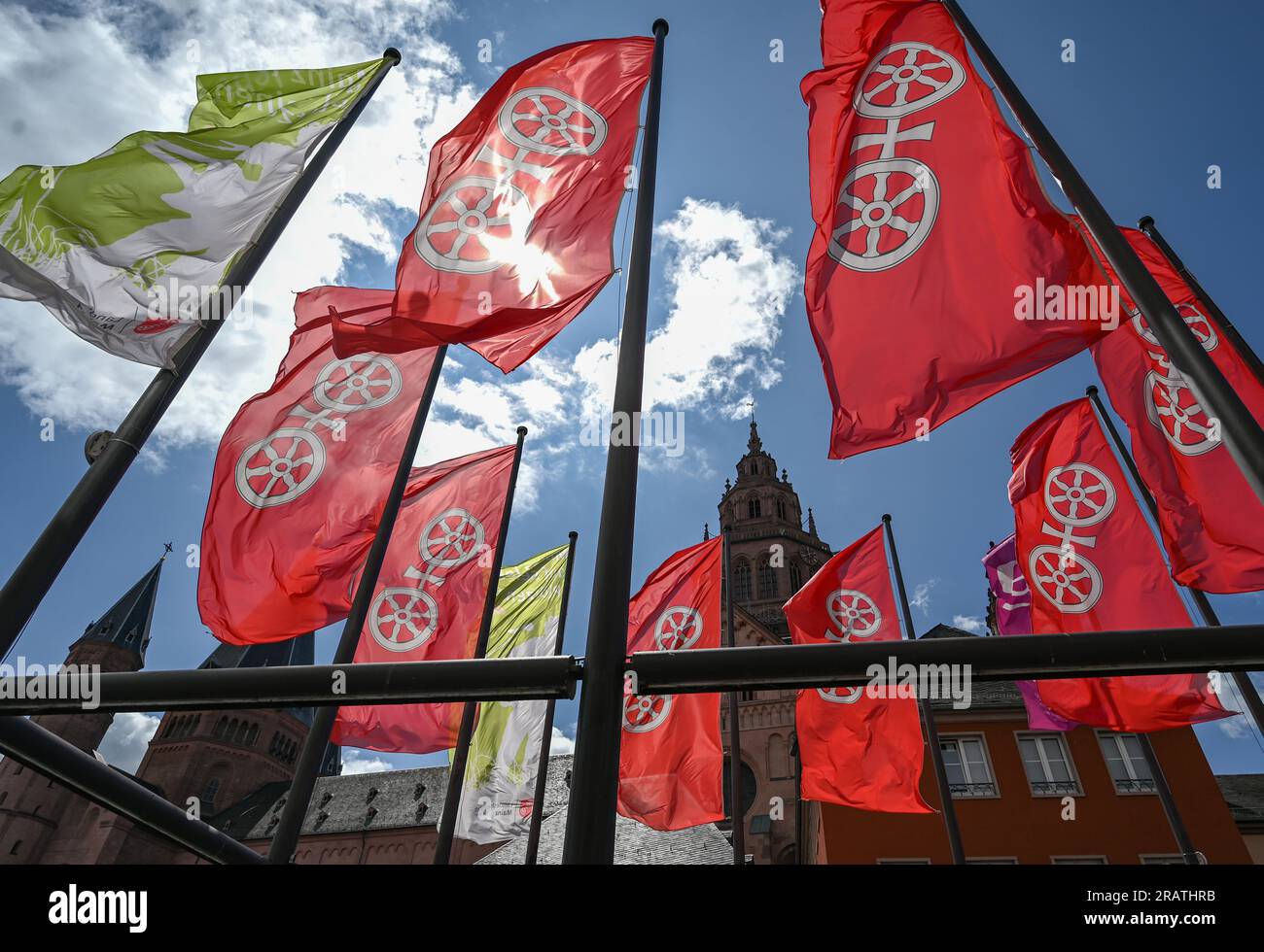 Mainz, Germany. 05th July, 2023. Flags with the city arms of Mainz fly