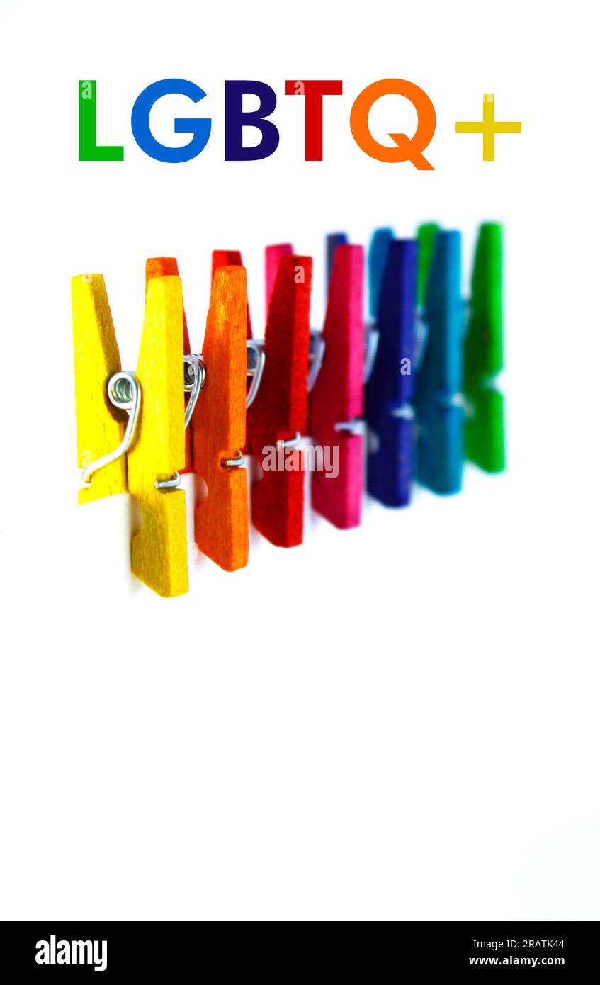 LGBTQ+, colorful clothespins with rainbow colors Stock Photo