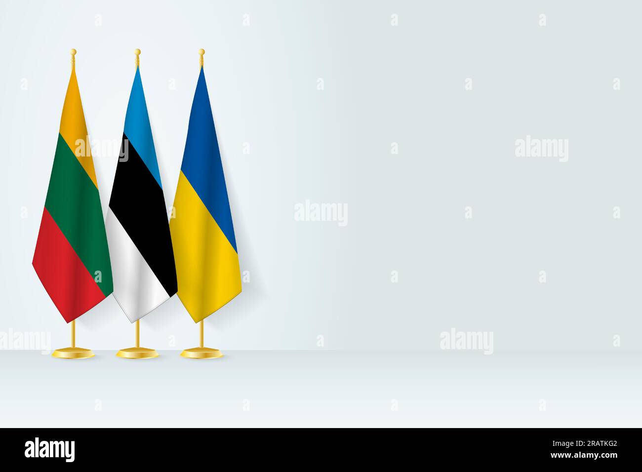 Flags of Lithuania, Estonia and Ukraine stand in row on indoor flagpole.  Vector illustration. Stock Vector