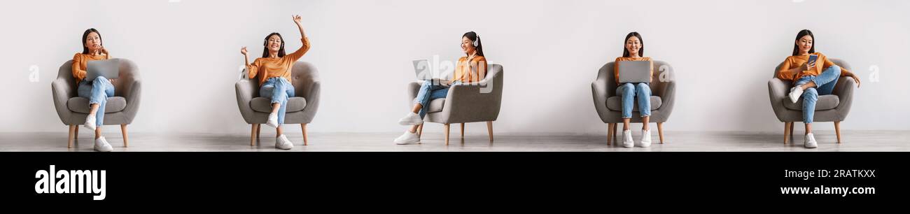 Asian Woman Using Laptop And Smartphone In Armchair Indoor, Collage Stock Photo