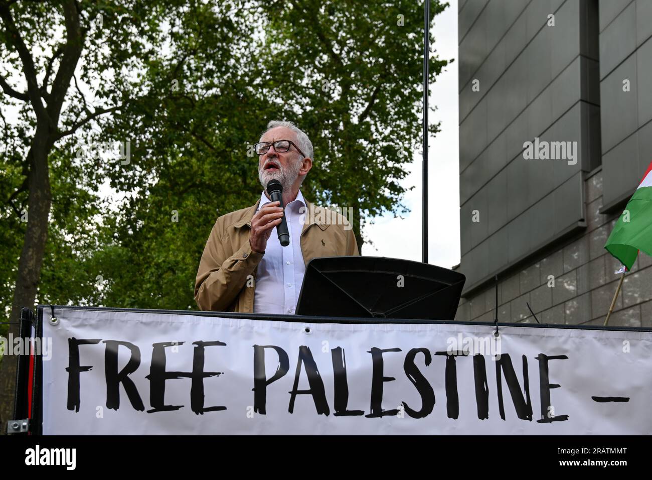 Israel embassy. London, UK. July 5 2023. Speaker Jeremy Corbyn protest against the Israeli strike on Jenin killed 12 unarmed Palestinian civilians, women and children in the Palestinian territories and hundreds of wounded on Monday, July 3, 2023, is this not aggression? Second, why has the West and the silent media been applying double standards to democracy, human rights and Palestinian freedom for 75 years? Credit: See Li/Picture Capital/Alamy Live News Stock Photo