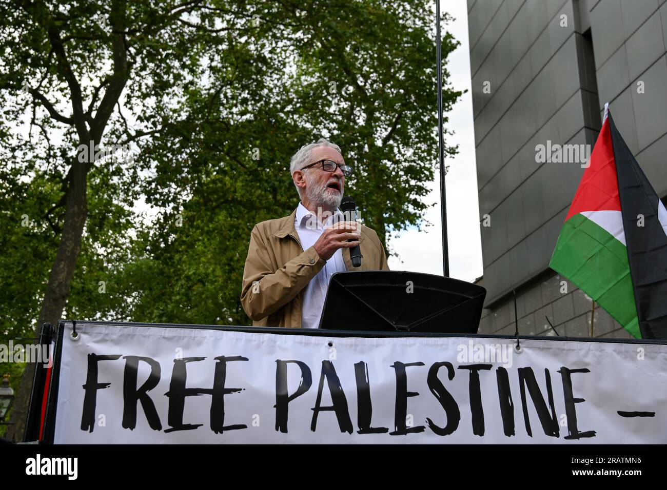 Israel embassy. London, UK. July 5 2023. Speaker Jeremy Corbyn protest against the Israeli strike on Jenin killed 12 unarmed Palestinian civilians, women and children in the Palestinian territories and hundreds of wounded on Monday, July 3, 2023, is this not aggression? Second, why has the West and the silent media been applying double standards to democracy, human rights and Palestinian freedom for 75 years? Credit: See Li/Picture Capital/Alamy Live News Stock Photo