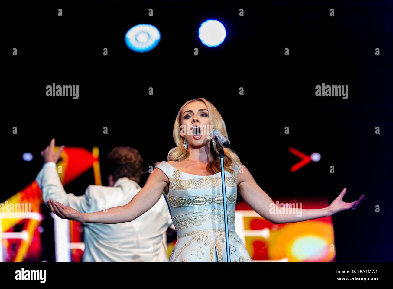 Katherine Jenkins performing at a music festival in Maldon, Essex, UK. Female singer on stage. Welsh singer. Mezzo-soprano vocalist Stock Photo