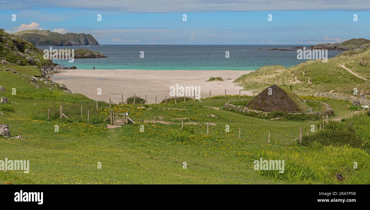 Iron Age House Replica at Bosta Beach, Bernera, Great Bernera, Lewis, Hebrides, Outer Hebrides, Western Isles, Scotland, United Kingdom, Great Britain Stock Photo