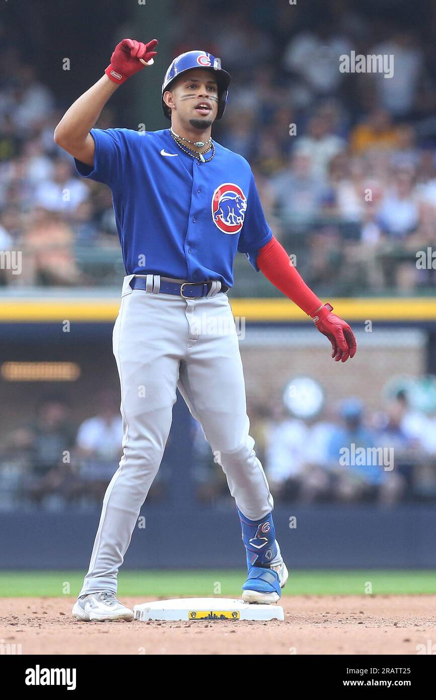 MILWAUKEE, WI - JULY 04: Chicago Cubs catcher Willson Contreras (40) reacts  to play during a game between the Milwaukee Brewers and the Chicago Cubs at  American Family Field on July 4th