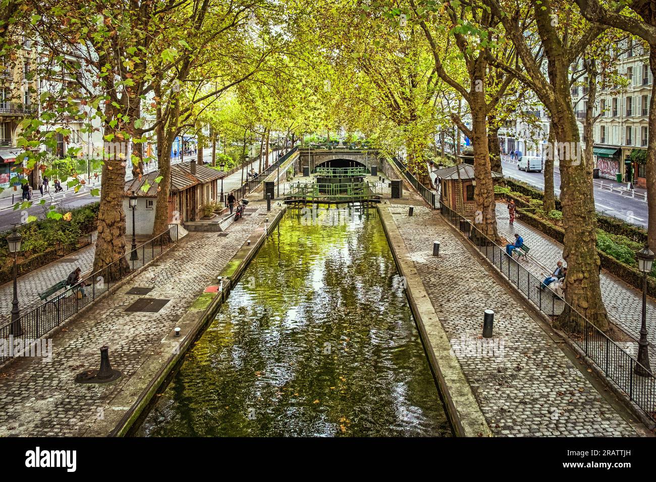 Paris, France, Oct 2020, view of the Ecluses of la Villette a floodgate on the Canal Saint-Martin Stock Photo
